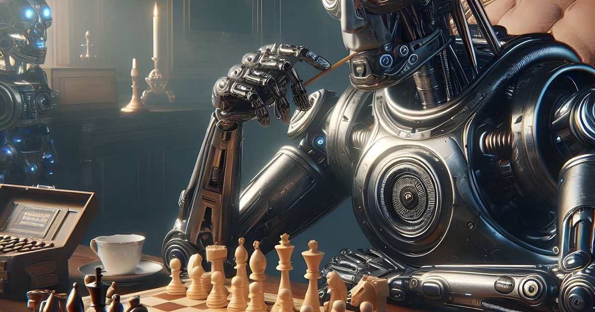 A robotic figure contemplating a chessboard, representing an artificial intelligence learning to play complex strategy games