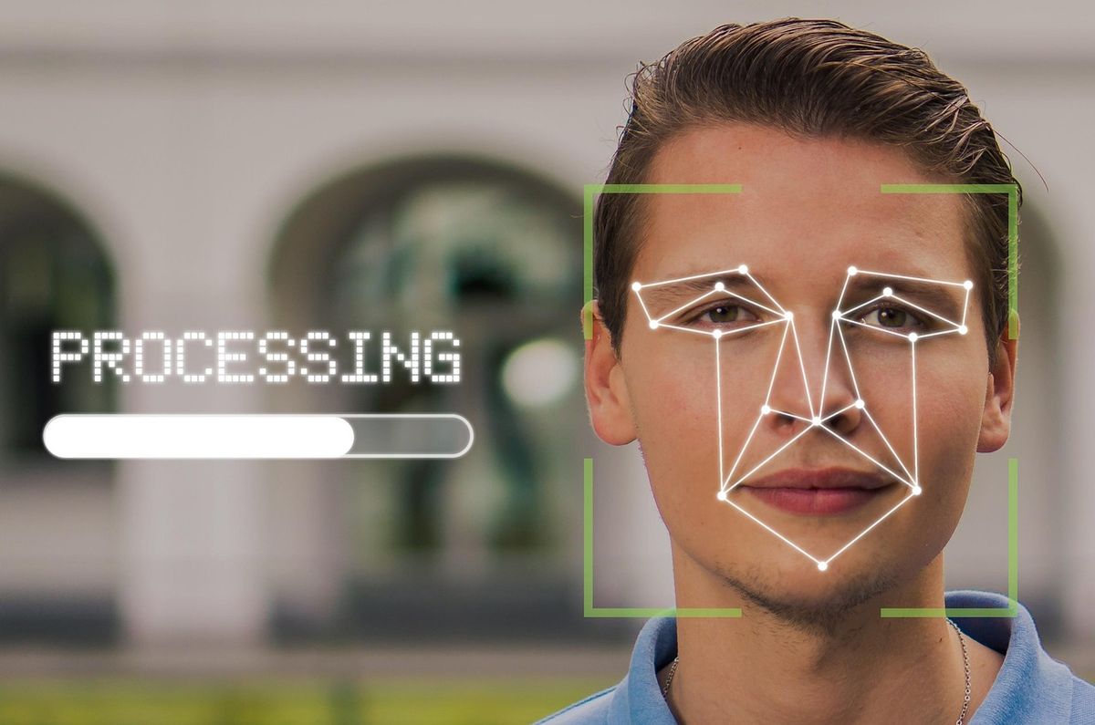 A close-up portrait of a man's face, representing facial recognition and biometric identification technology