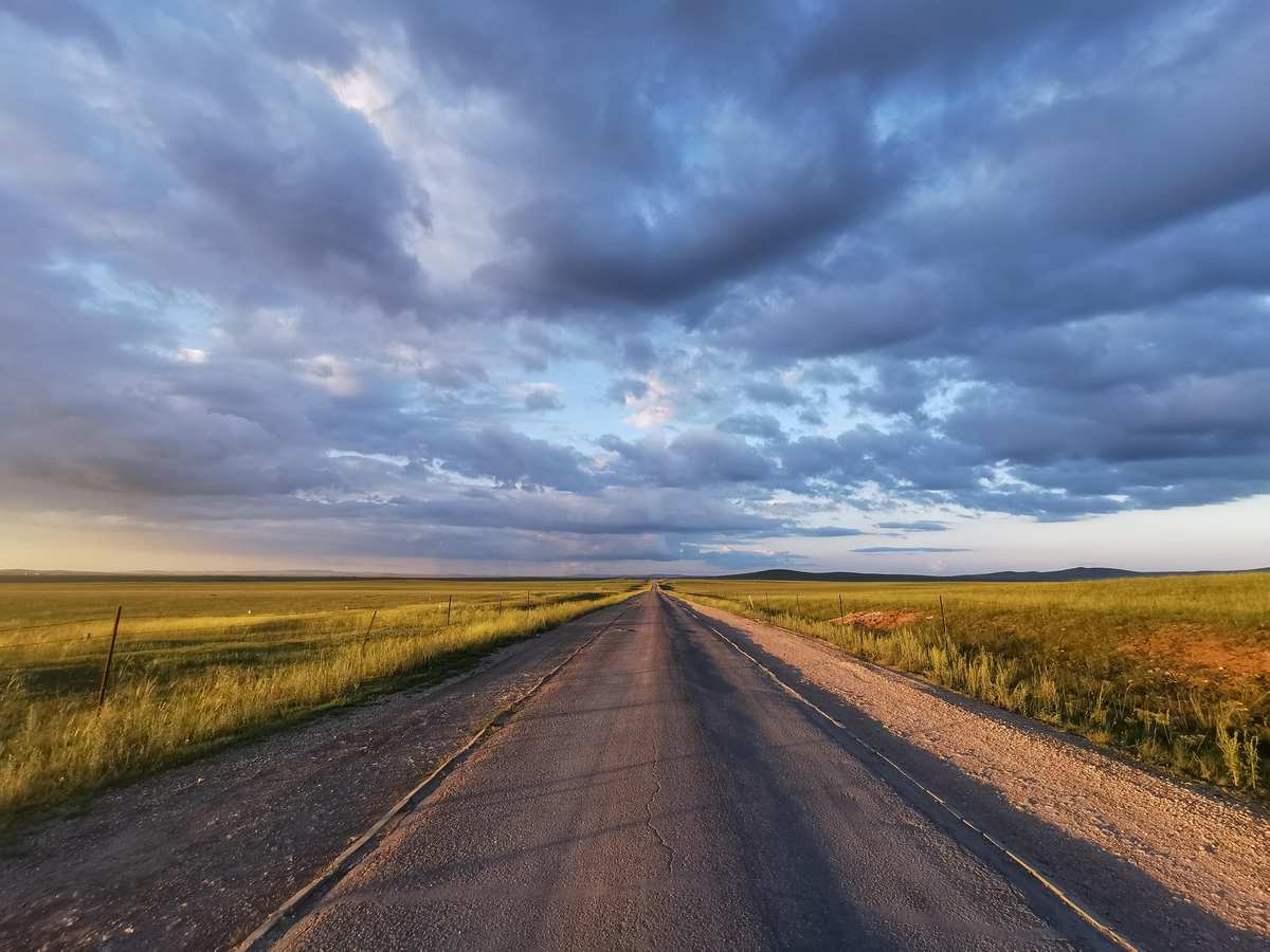 A winding road stretching through golden autumn grassland under a blue sky with scattered clouds in Hulunbuir, Inner Mongolia