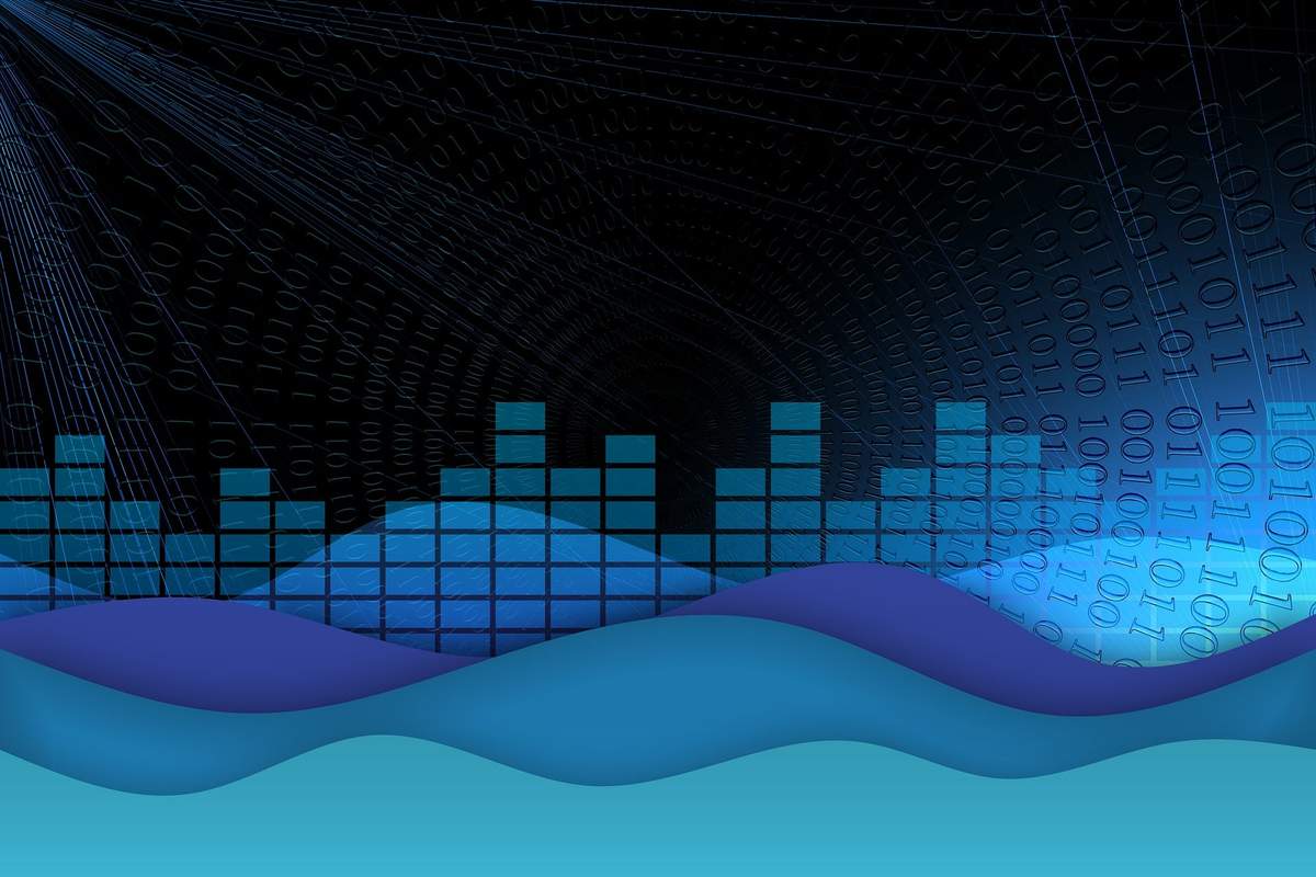 Abstract visualization of colorful audio waveforms and data nodes, representing music streaming data analysis and recommendation algorithms