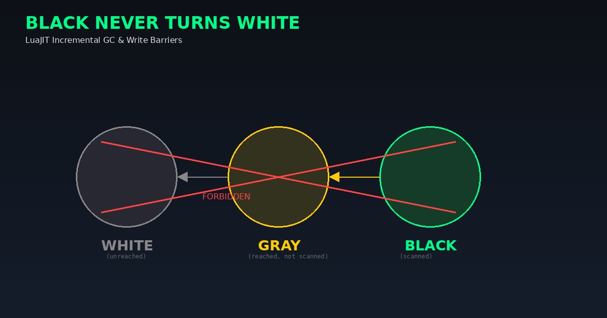 Three color circles — white, gray, black — with arrows showing allowed transitions and a red X over the forbidden white-to-black direct transition