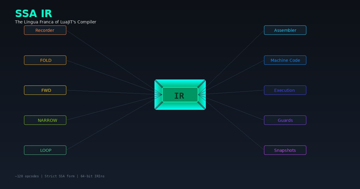SSA IR as a universal language — compiler passes (recorder, FOLD, FWD, assembler) connected through a central IR node