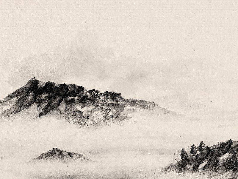 A sumi-e ink painting of a dark mountain ridge emerging from fog above a cloud sea, illustrating the mist-shrouded peaks the Shanhaijing catalogues one by one