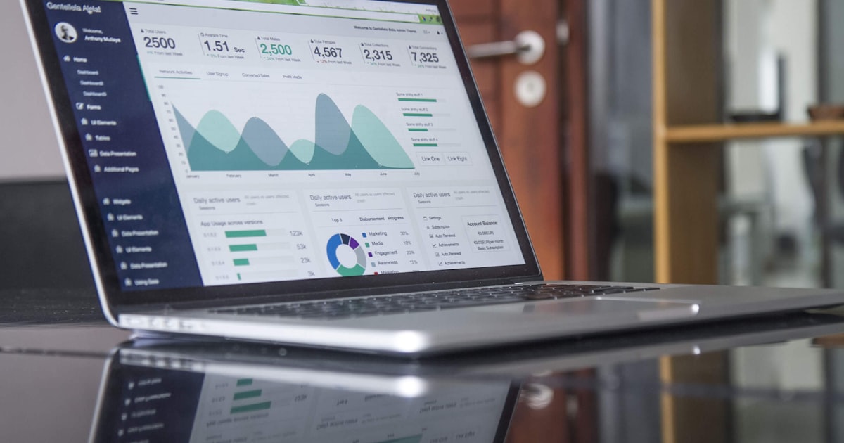 Data analytics dashboards showing financial metrics and performance charts on screens