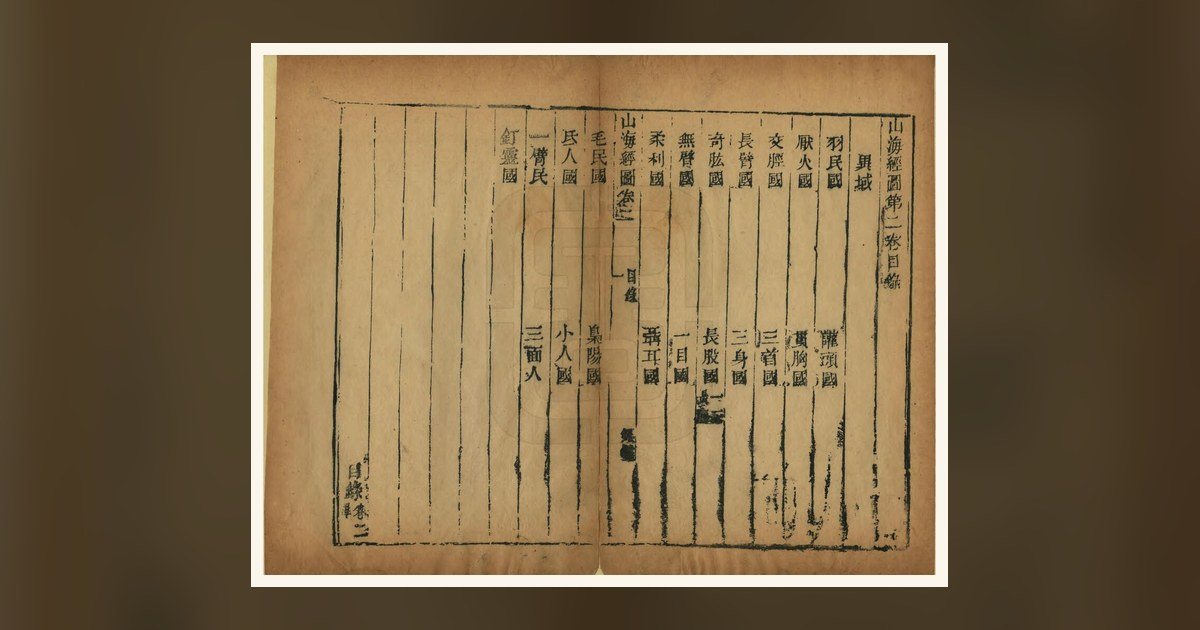 A weathered woodblock table-of-contents page from an old illustrated edition of the Shanhaijing, centred on a warm blurred background, representing the 63 machine-detected contradictions in the text